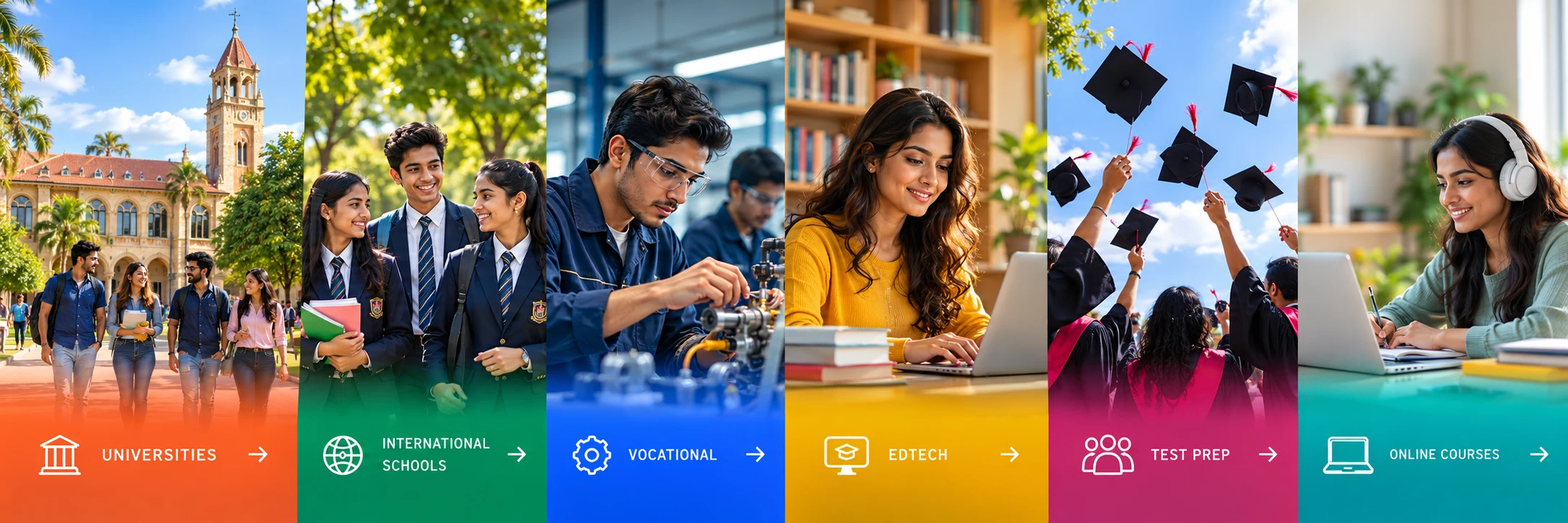 Universities, international schools, vocational training, EdTech, tuition and online courses